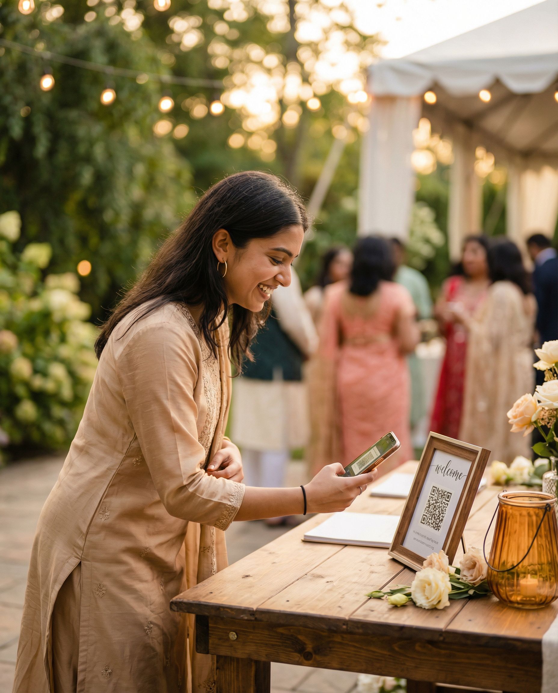 A guest scanning a QR code at a wedding venue to find her photos.